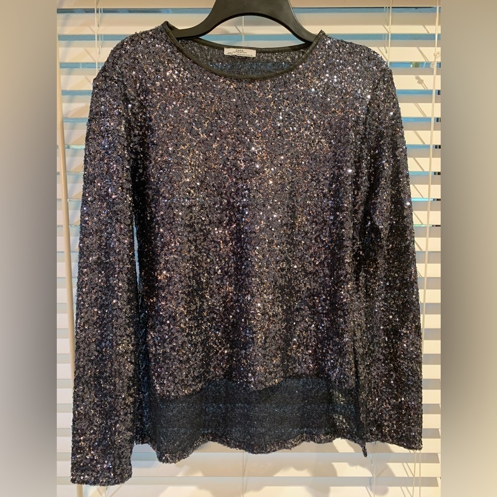 Zara Web Collection Navy Sequin Tunic Top Size Medium Side Splits High Low Hem